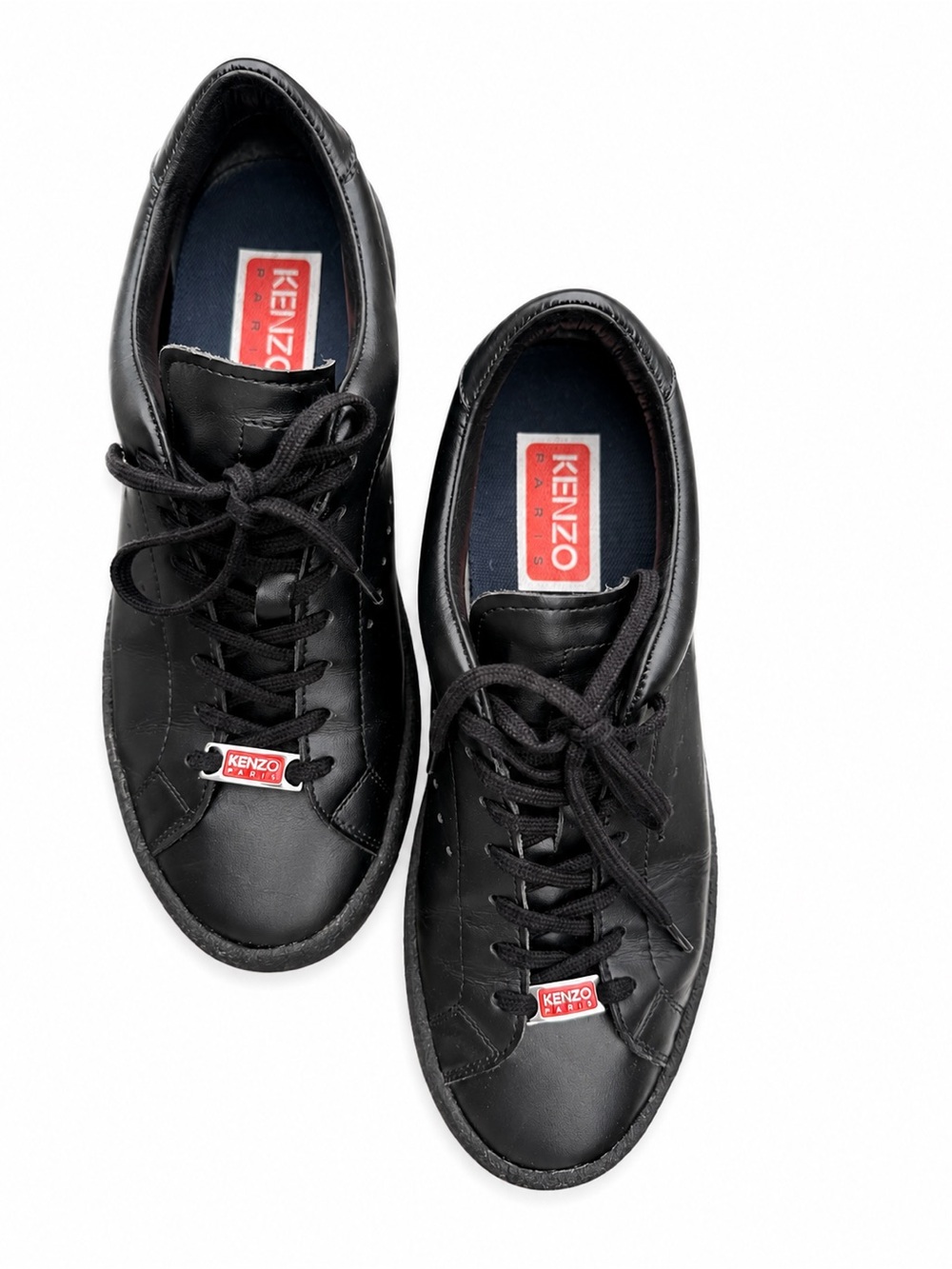Kenzo Black Leather Low-Top Sneakers with Red Logo Tabs
